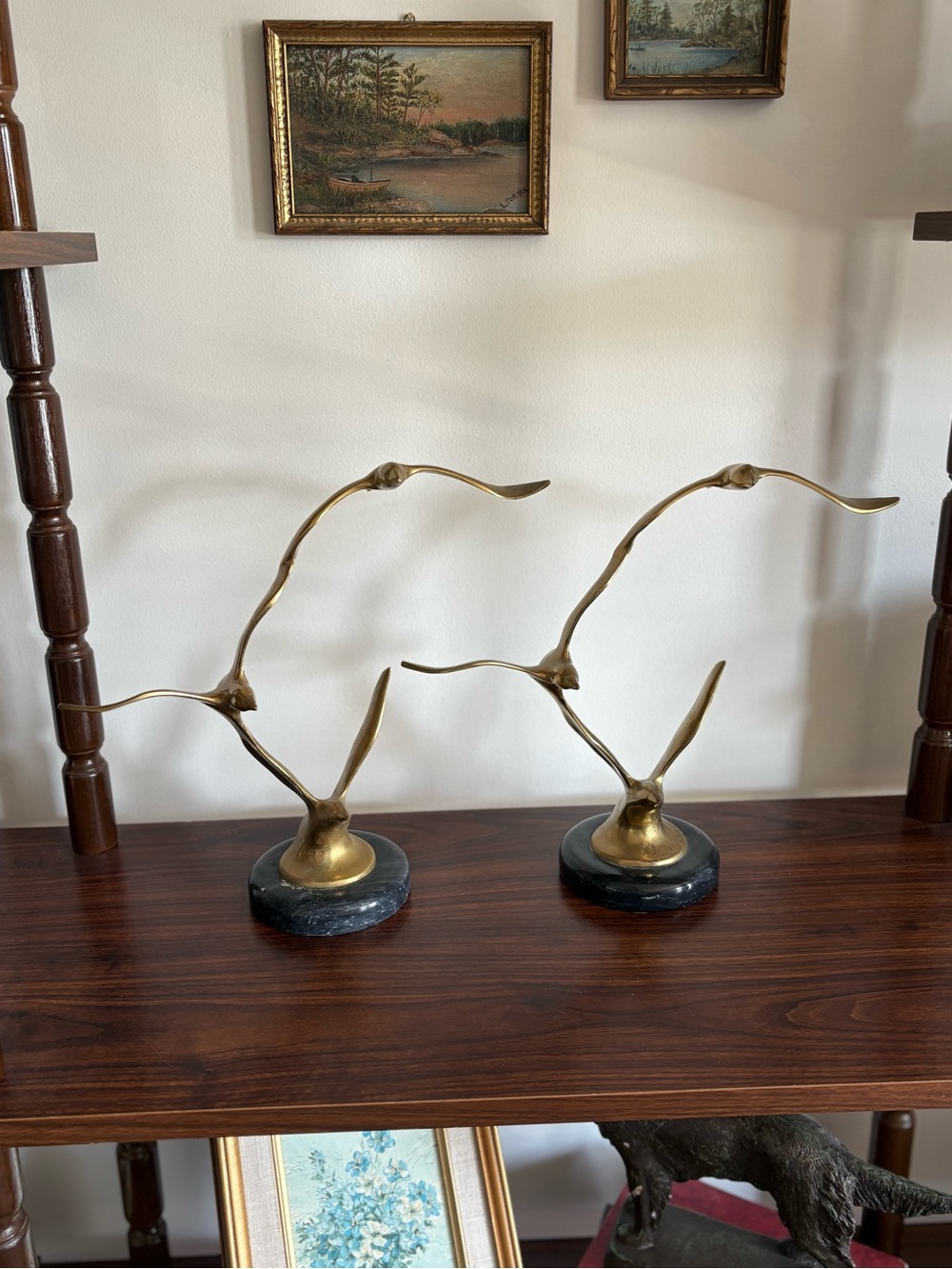 Vintage Brass Seagull Sculpture Pair on Black Marble Base